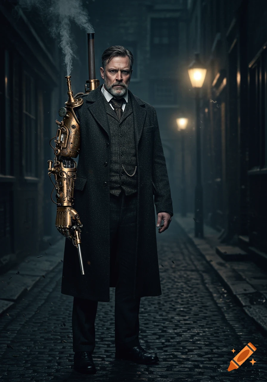 A bearded man in Victorian clothes with a smoking steampunk prosthetic arm stands in a dark alley.
