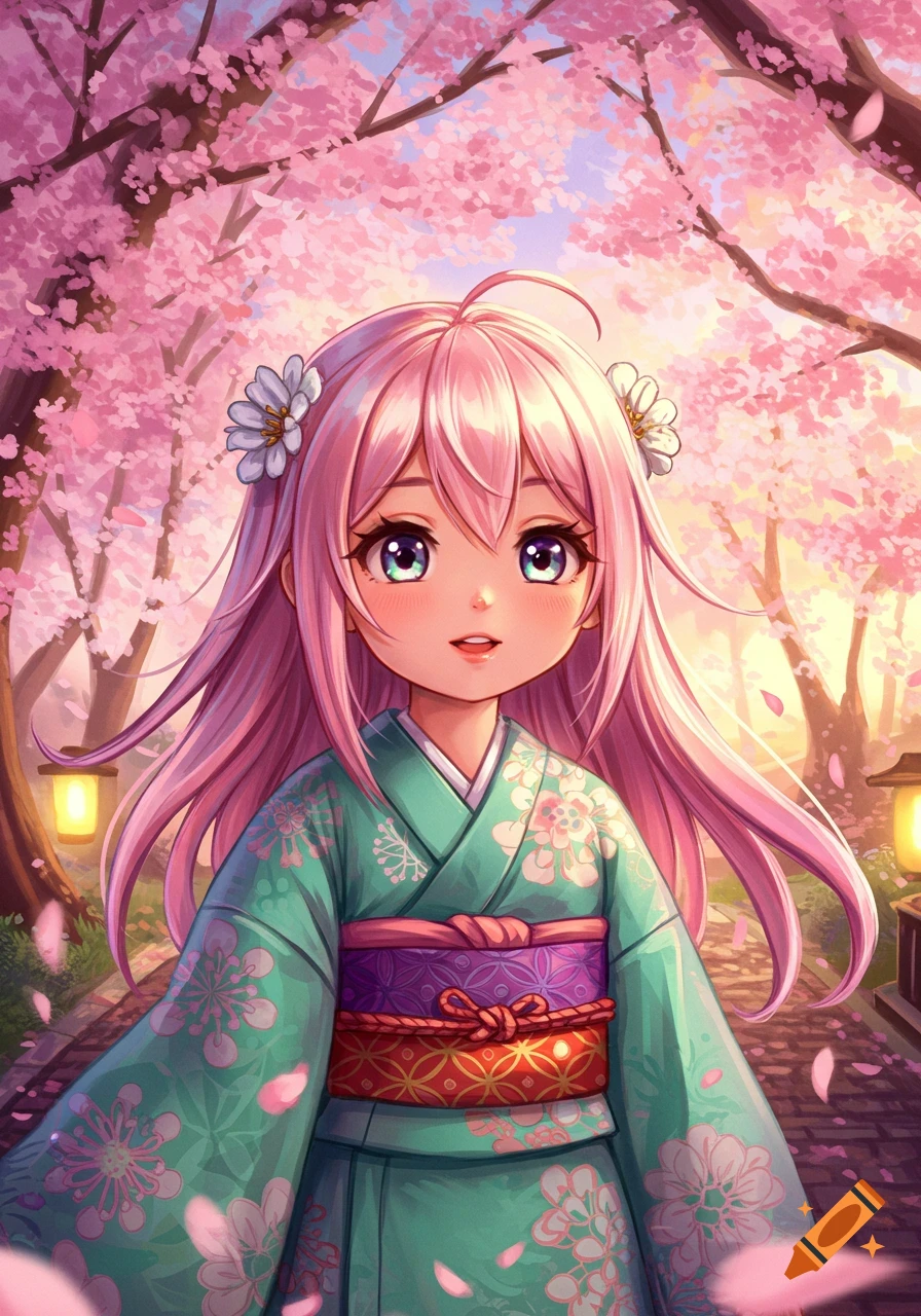 Anime girl with pink hair in a teal kimono, standing under blooming cherry blossom trees with lanterns at sunset.