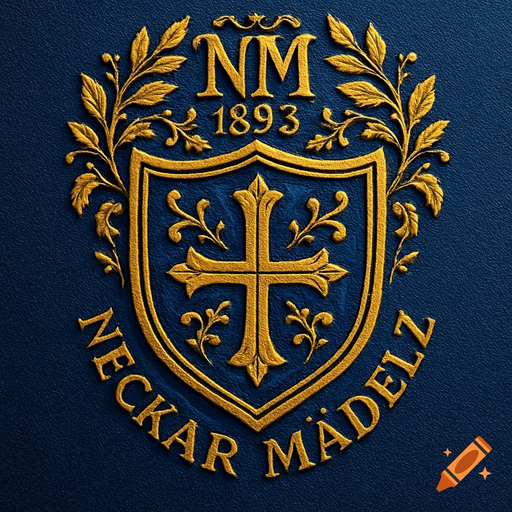 A golden embossed crest with a cross, leaves, and the text 'NM 1893 NECKAR MÄDELZ' on a dark blue background.