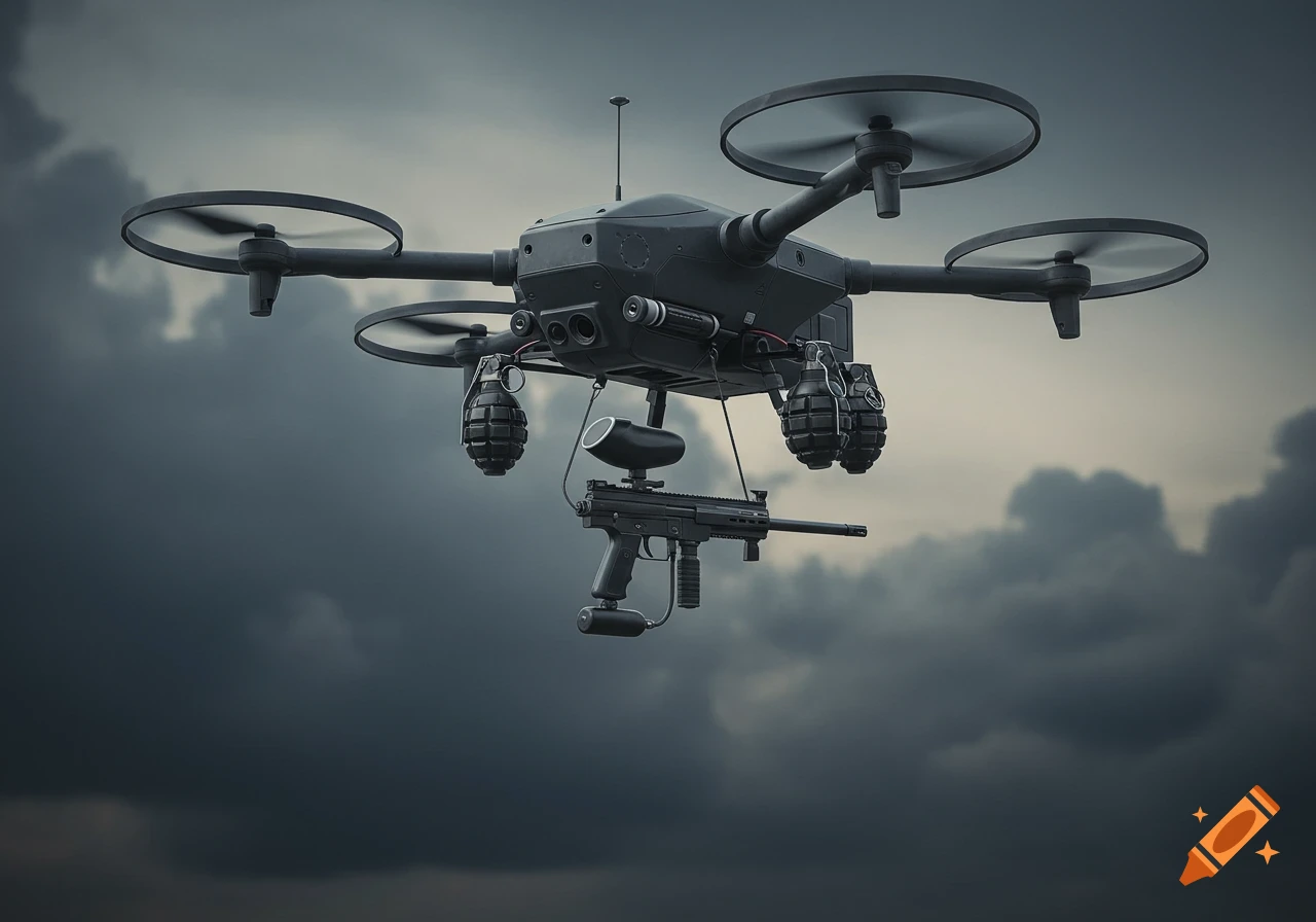 A dark quadcopter drone, armed with a paintball gun and six grenades, flies against a cloudy, ominous sky.