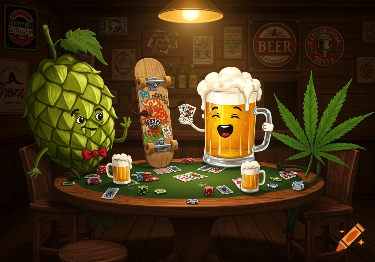 A cartoon hop cone, skateboard, beer mug, and cannabis leaf characters play poker in a dimly lit bar, surrounded by beer signs.
