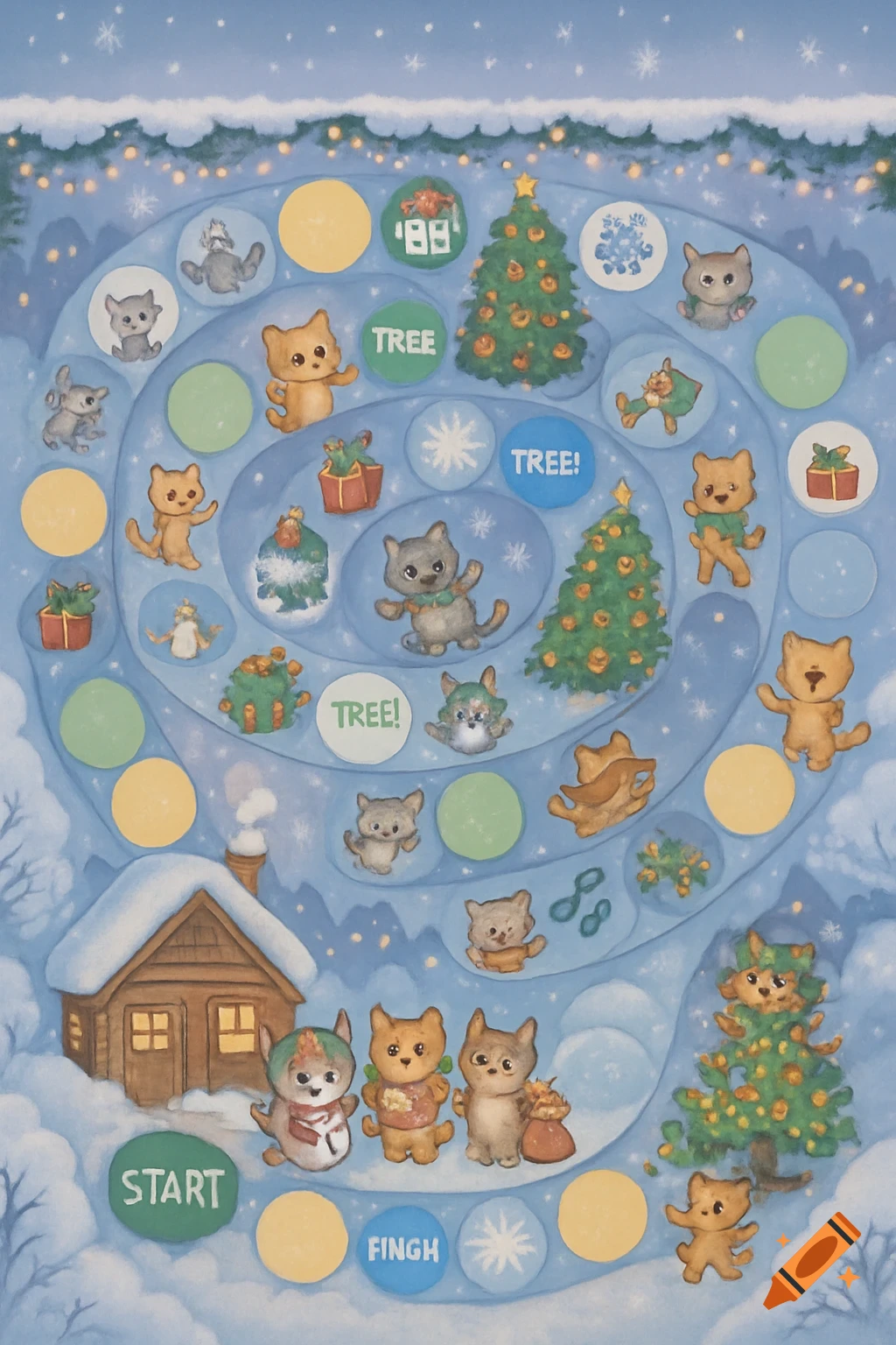 A whimsical Christmas-themed board game with a spiral path, featuring cute kittens in winter outfits, decorated trees, presents, and a cozy wooden house.