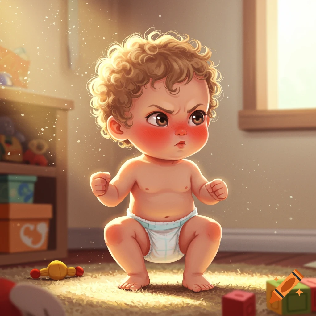 A cute, angry-looking baby with curly hair and red cheeks, wearing a diaper, squats on a carpeted floor in a sunny room.