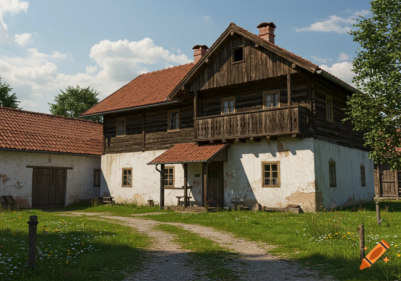 A traditional German farmhouse with a whitewashed lower and wooden upper floor, balcony, and red-tiled roof in a sunny rural landscape.