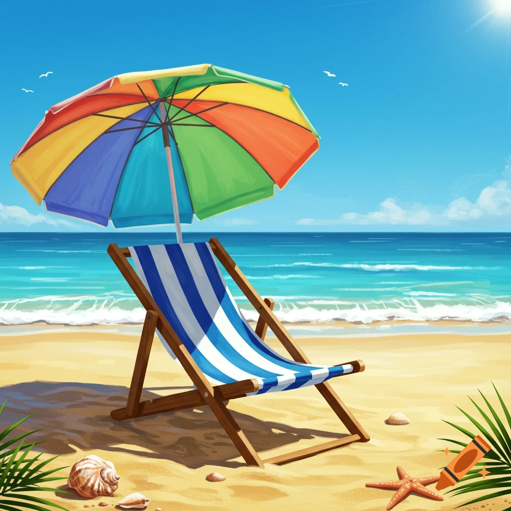 A colorful rainbow beach umbrella and a blue and white striped deck chair on a sandy beach with the ocean, seashells, and a starfish.
