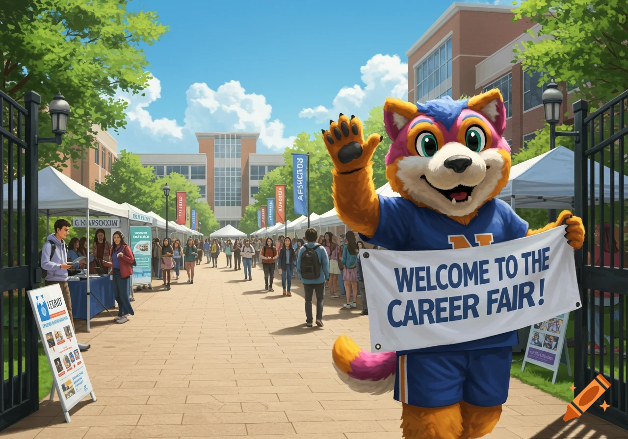 A colorful campus mascot, a fennec fox, waves while holding a "WELCOME TO THE CAREER FAIR!" banner at a lively outdoor university event with students and booths.