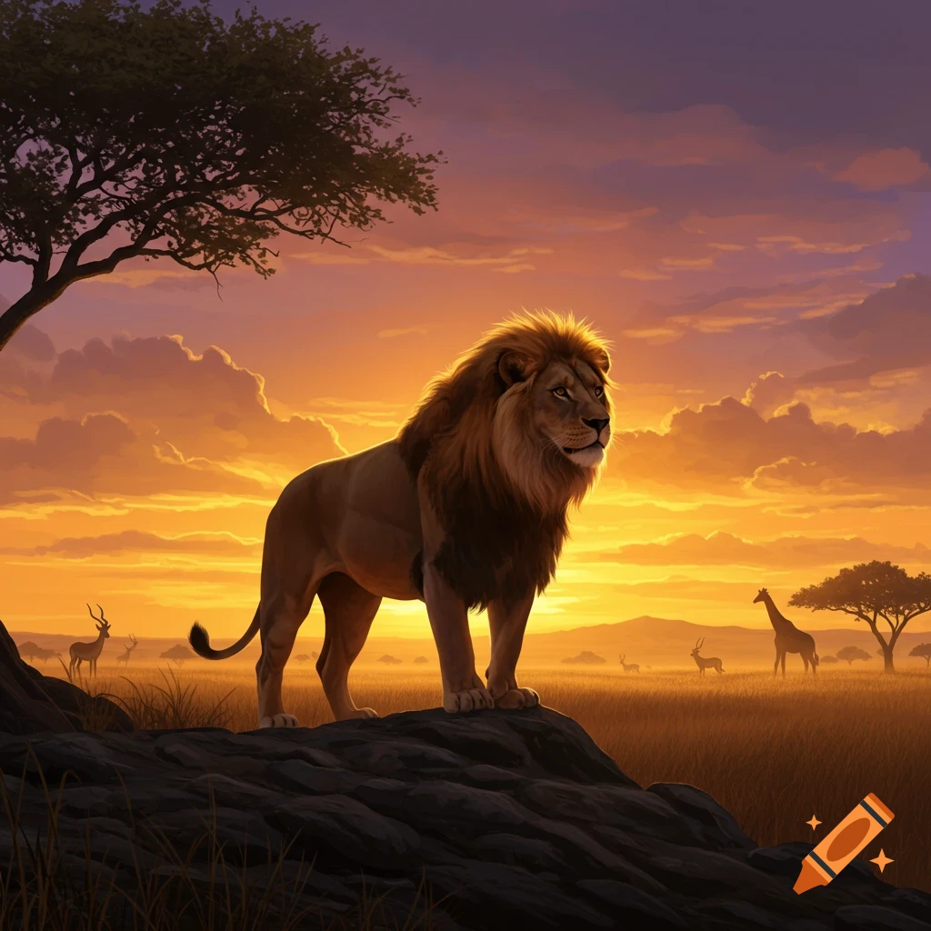A majestic lion stands on a rocky hill in the African savanna at sunset, with distant giraffes and antelopes.