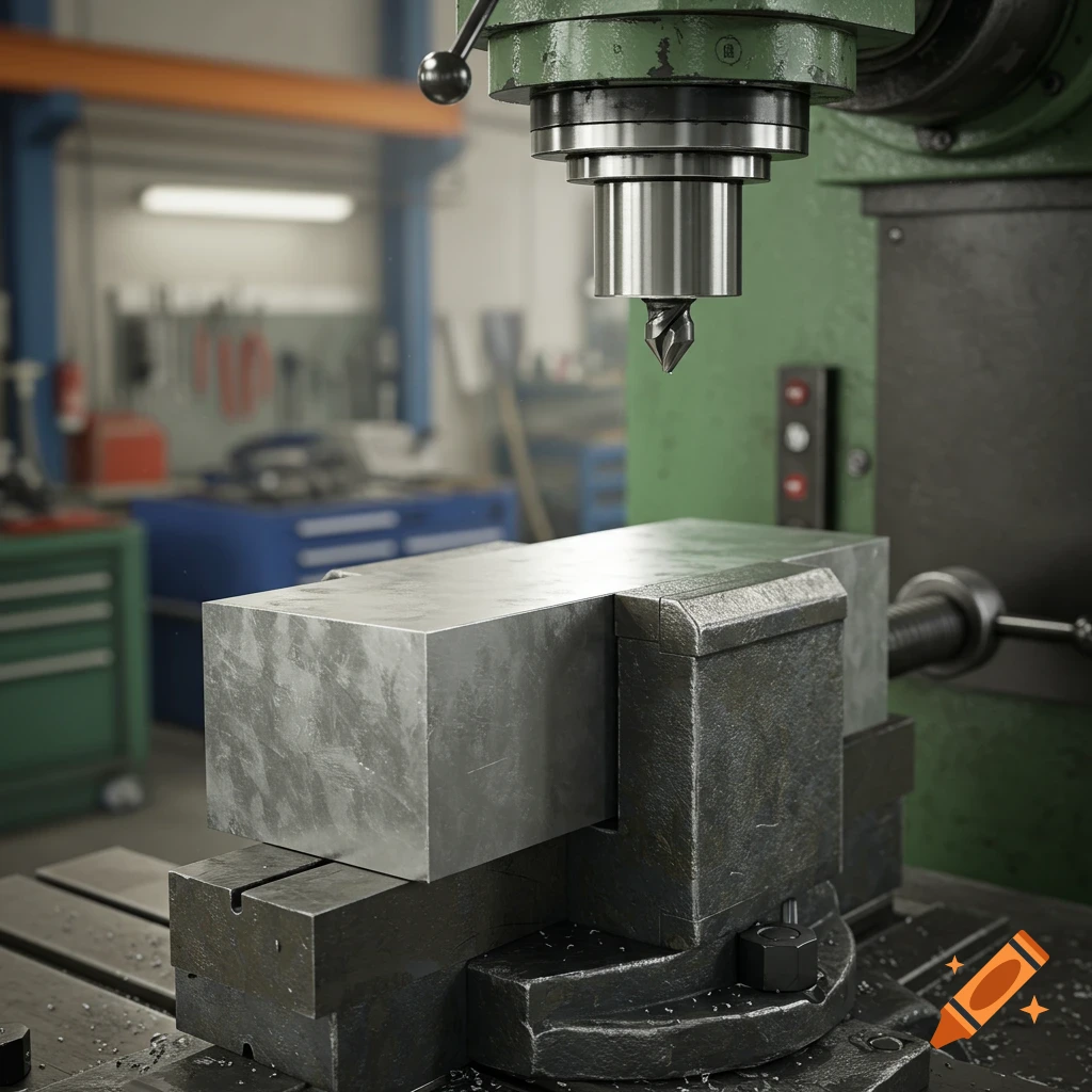 Photorealistic close-up of a milling machine's drill bit above a metal block in a vise, workshop background.