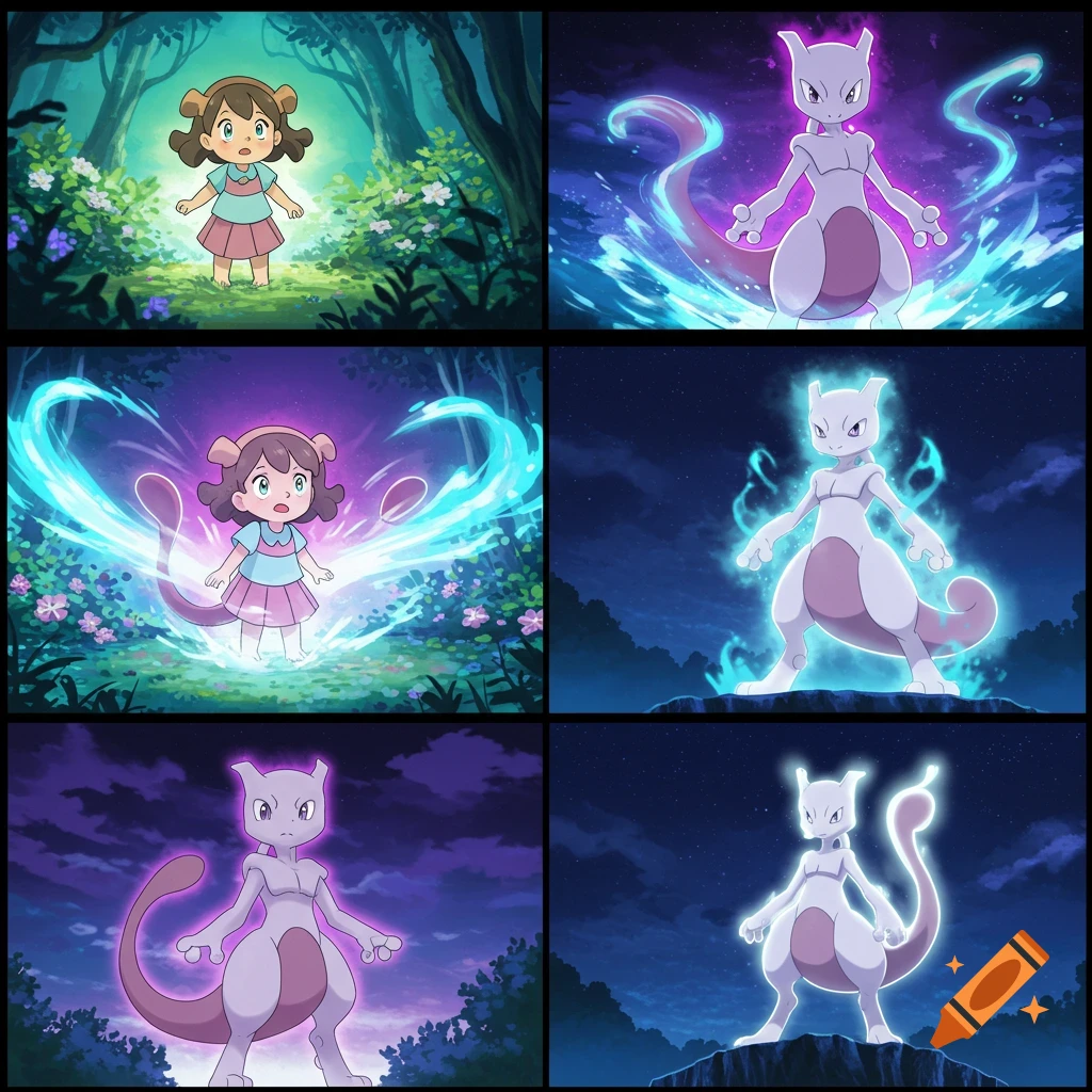 Six-panel anime comic depicting a little girl transforming into the Pokemon Mewtwo with energy swirls in a forest setting.