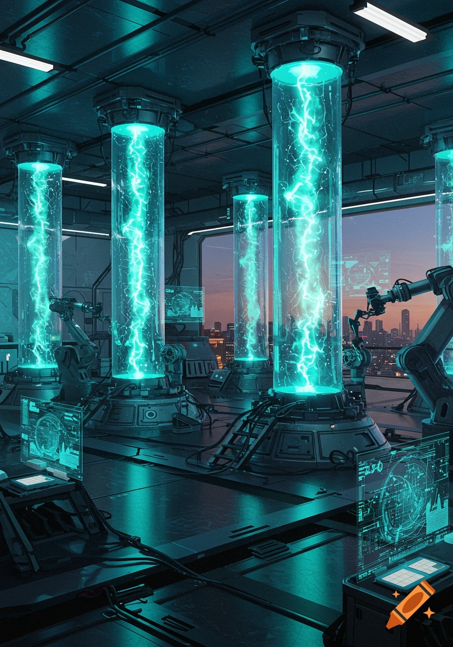 A futuristic laboratory with large glowing teal energy tubes, robotic ...