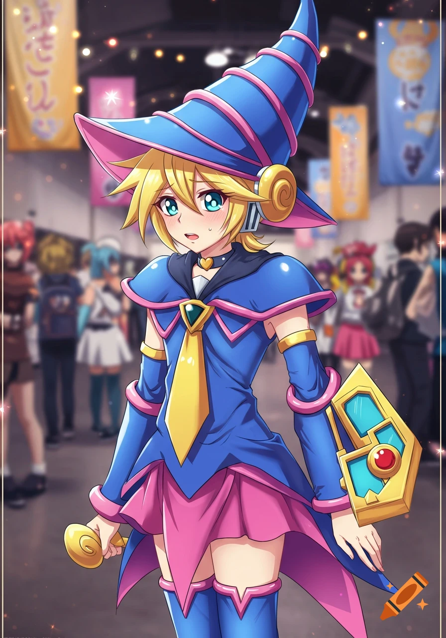 Anime-style illustration of Kagamine Len in a blue and pink Dark Magician Girl cosplay costume, blushing with embarrassment at a convention.