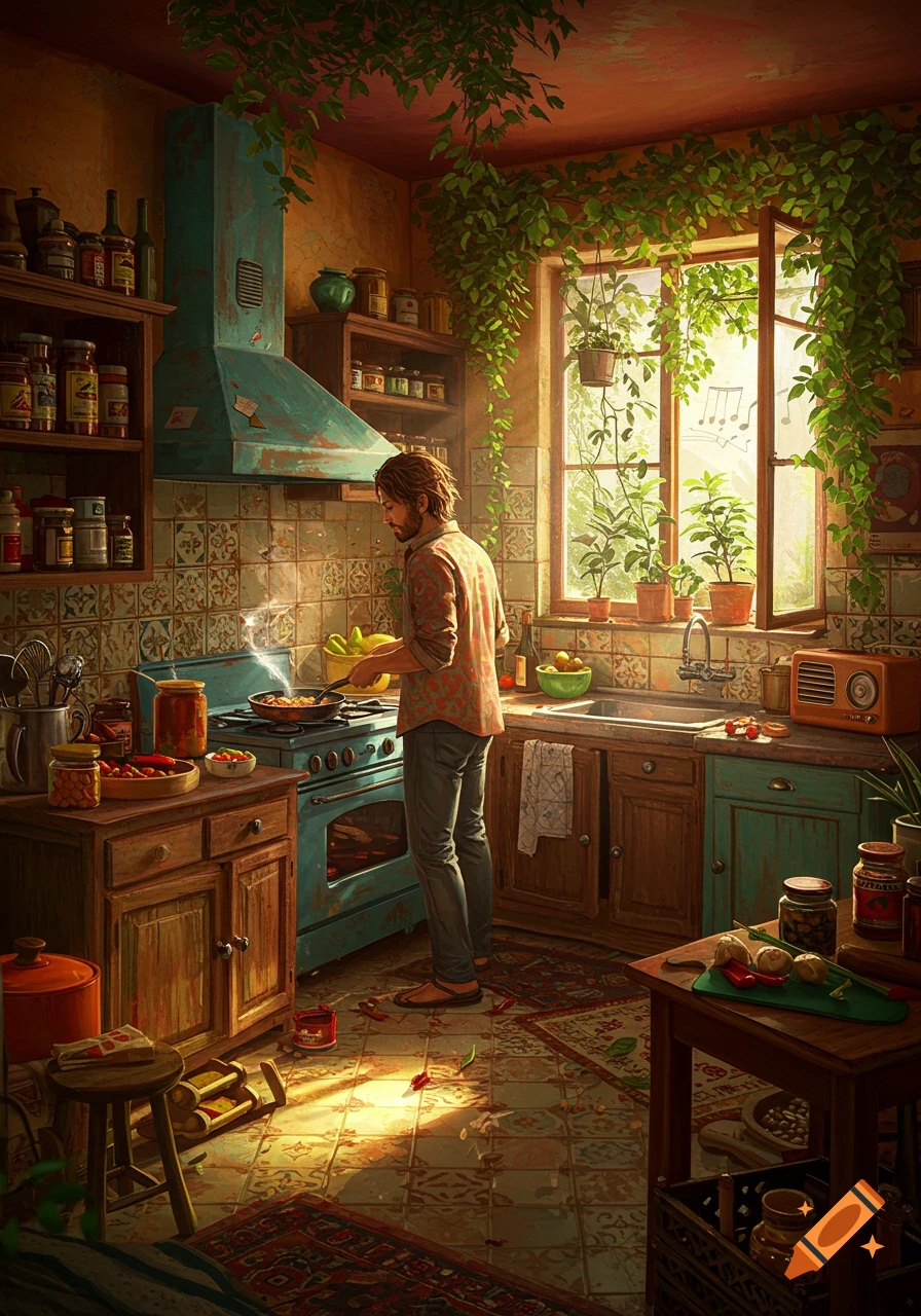 A man cooking in a vibrant, bohemian kitchen filled with plants and warm light streaming through a window.