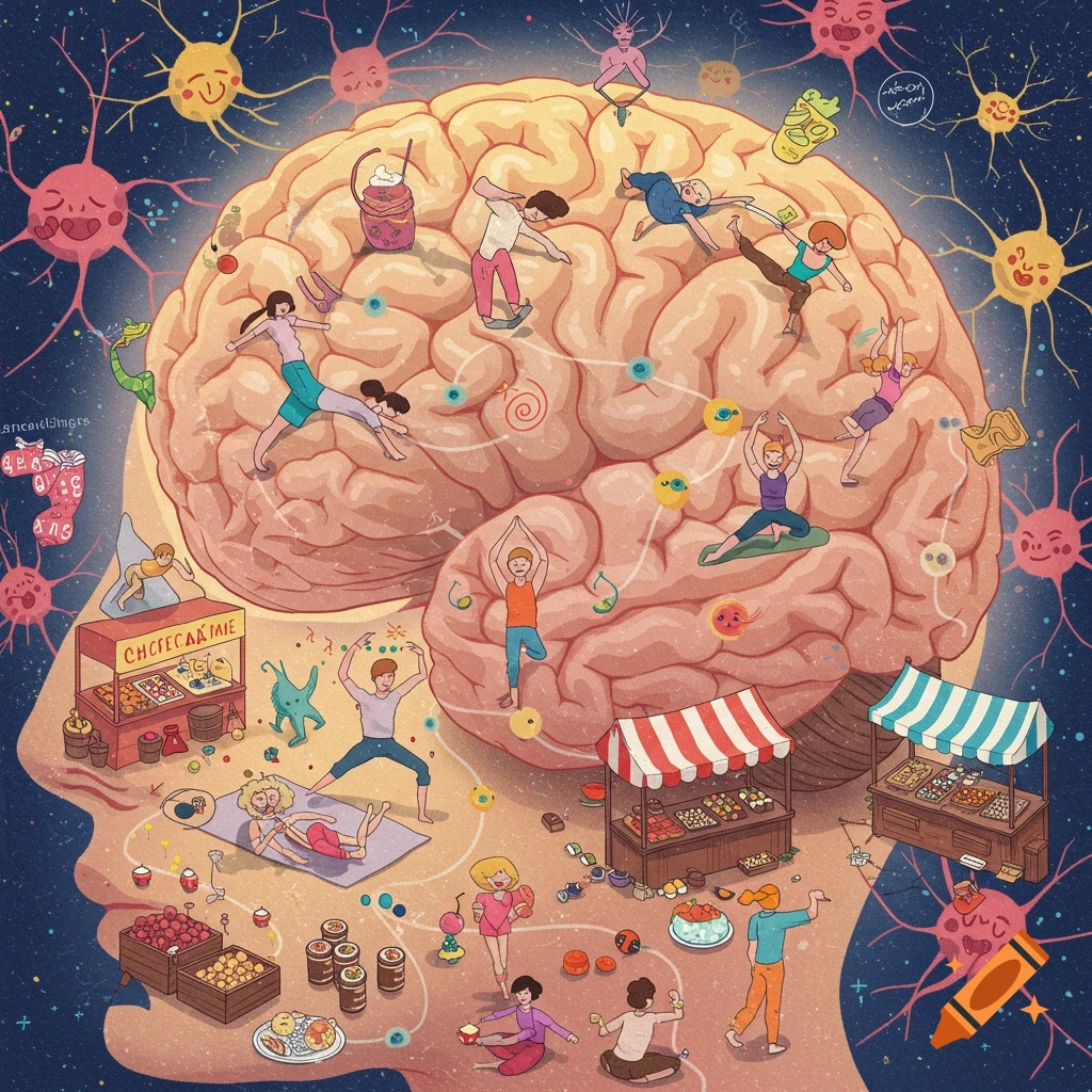 Stylized illustration of a human brain filled with people doing yoga, dancing, market stalls with food, and colorful neurons against a starry background.