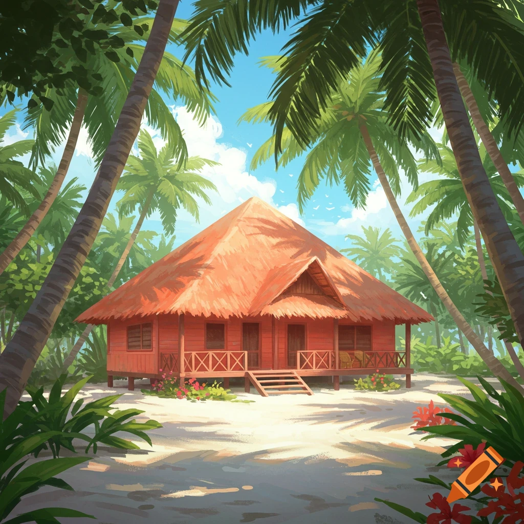 A vibrant illustration of a rustic red house with a thatched roof amidst lush palm trees on a sandy tropical beach.