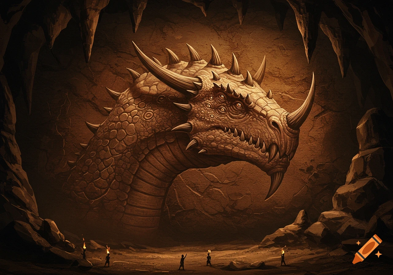 A colossal horned dragon head with multiple eyes emerges from a cave wall, illuminated by small figures holding torches below.
