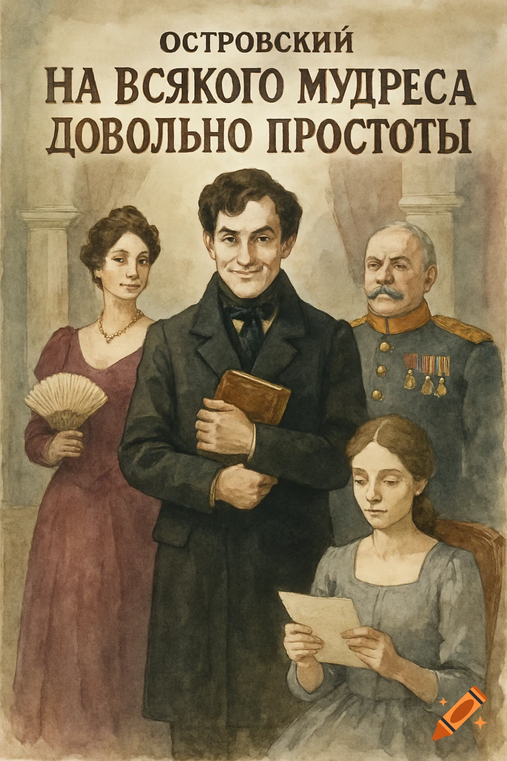 Watercolor poster for an Ostrovsky play, depicting four 19th-century Russian characters: a man, two women, and a general.