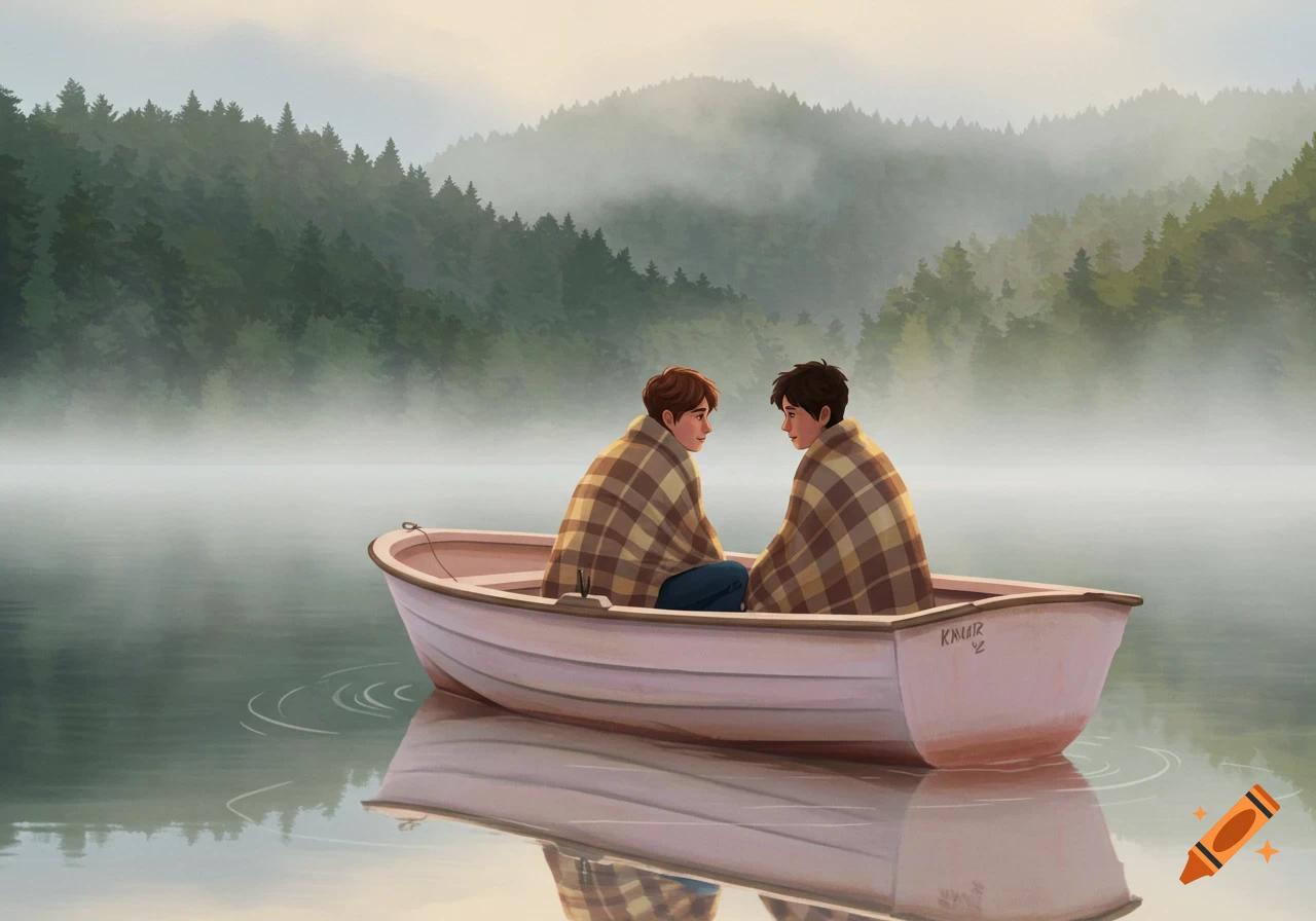 A stylized illustration of two young men wrapped in plaid blankets, sitting in a small boat on a misty lake, looking at each other. Forested hills are in the background.