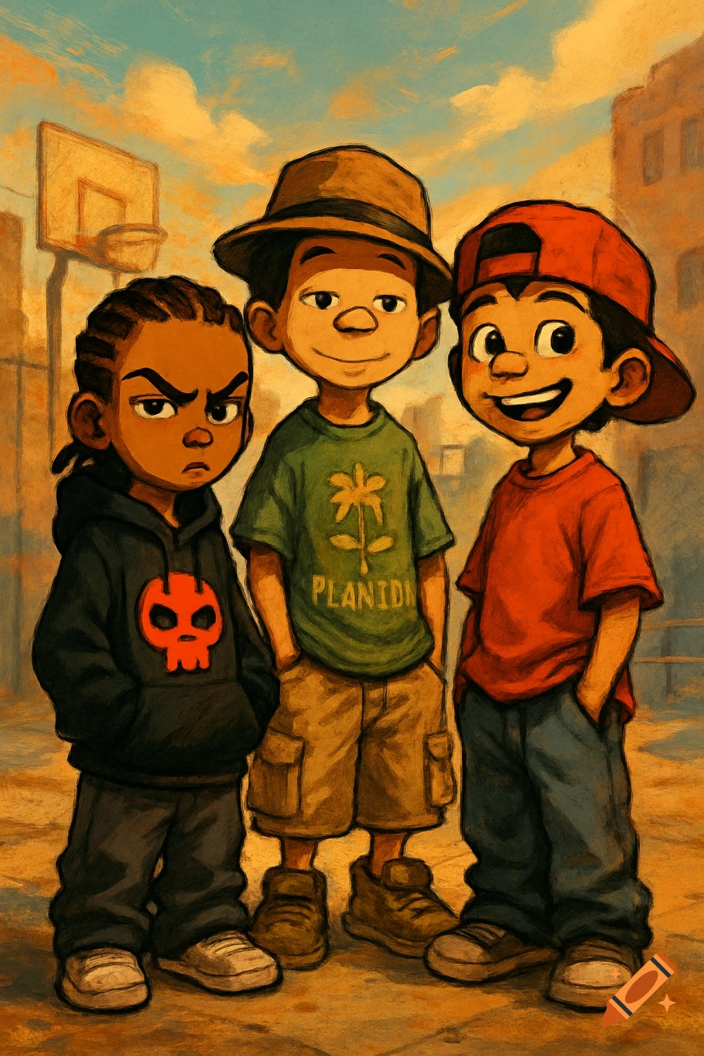 Three cartoon boys with varying expressions stand in an urban setting with a basketball hoop, in a Boondocks-inspired art style.