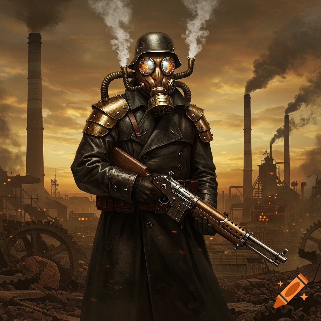 A dieselpunk soldier in a gas mask, helmet, and long coat holds a rifle amidst a smoky, industrial wasteland at sunset.