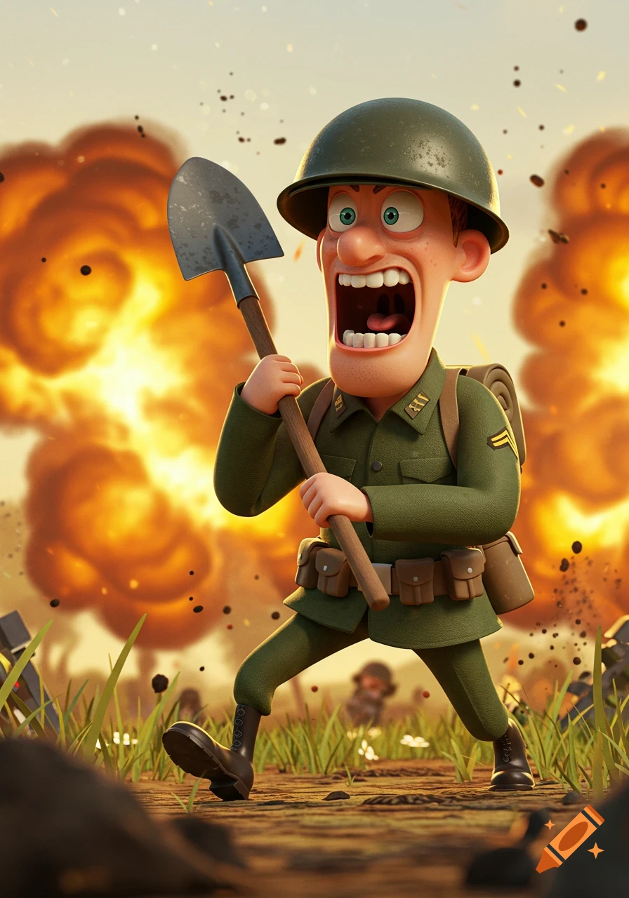 A stylized cartoon soldier in a helmet and uniform screams while holding a shovel, with large explosions in the background.