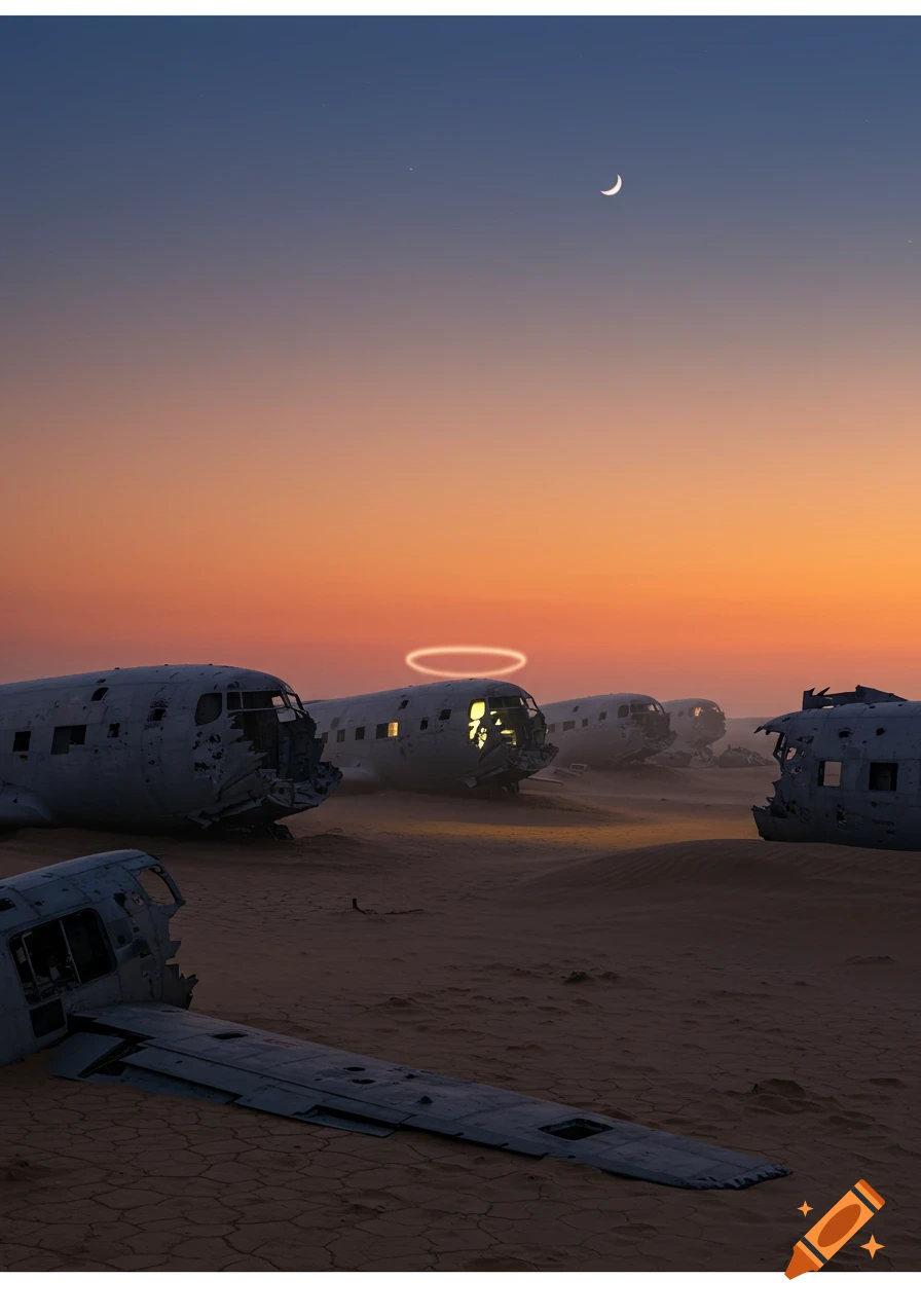 Photorealistic image of a plane graveyard in a desert at sunset, with a glowing halo above one derelict plane and a crescent moon in the sky.