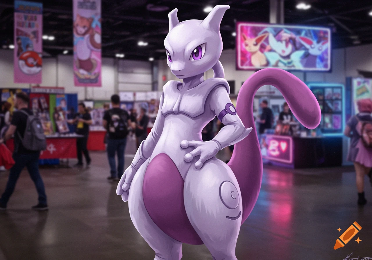 A person in a realistic Mewtwo mascot costume stands in a blurred convention hall with people and booths.