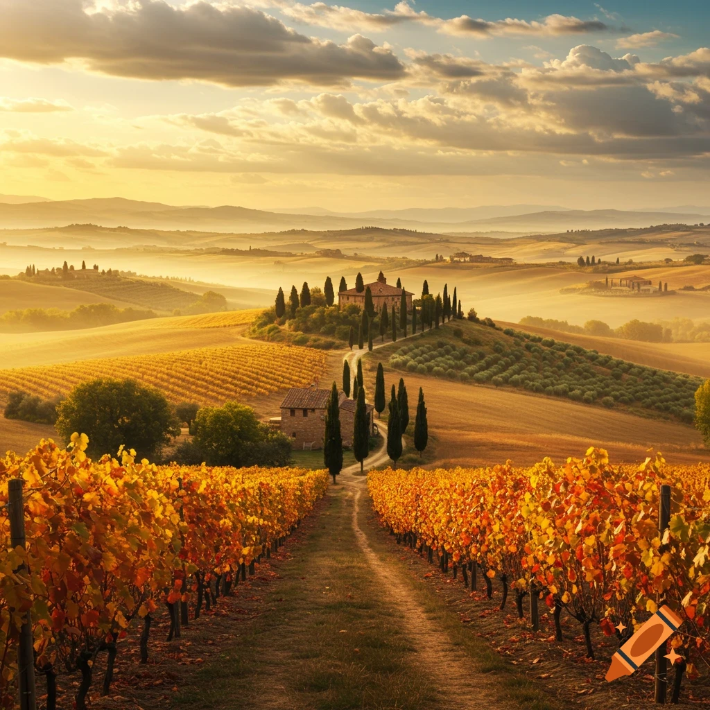 Photorealistic Tuscan landscape with autumn vineyards, cypress trees, and a farmhouse at sunrise under a cloudy sky.
