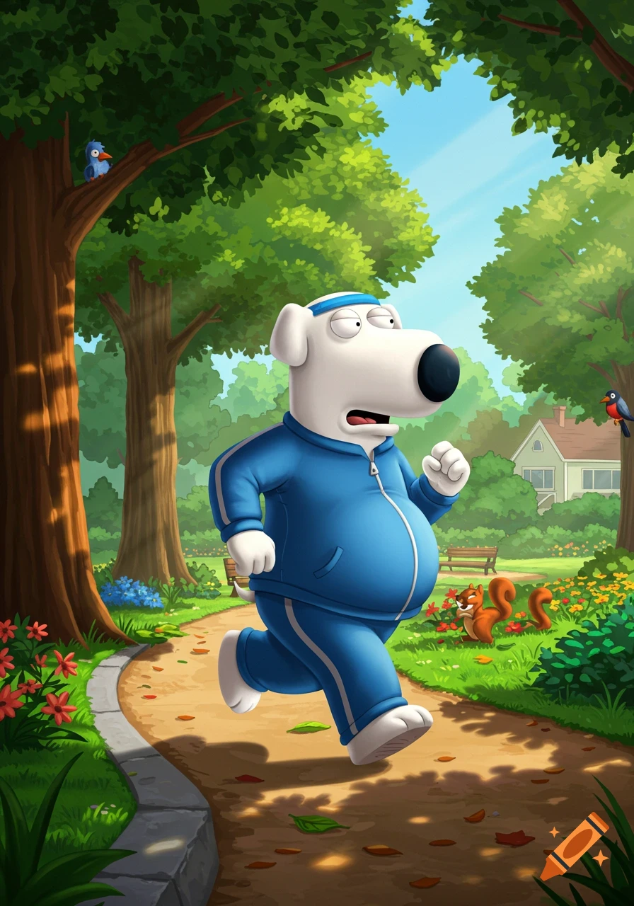 Cartoon Brian Griffin from Family Guy, with a large belly and wearing a blue tracksuit, jogs through a sunny park.