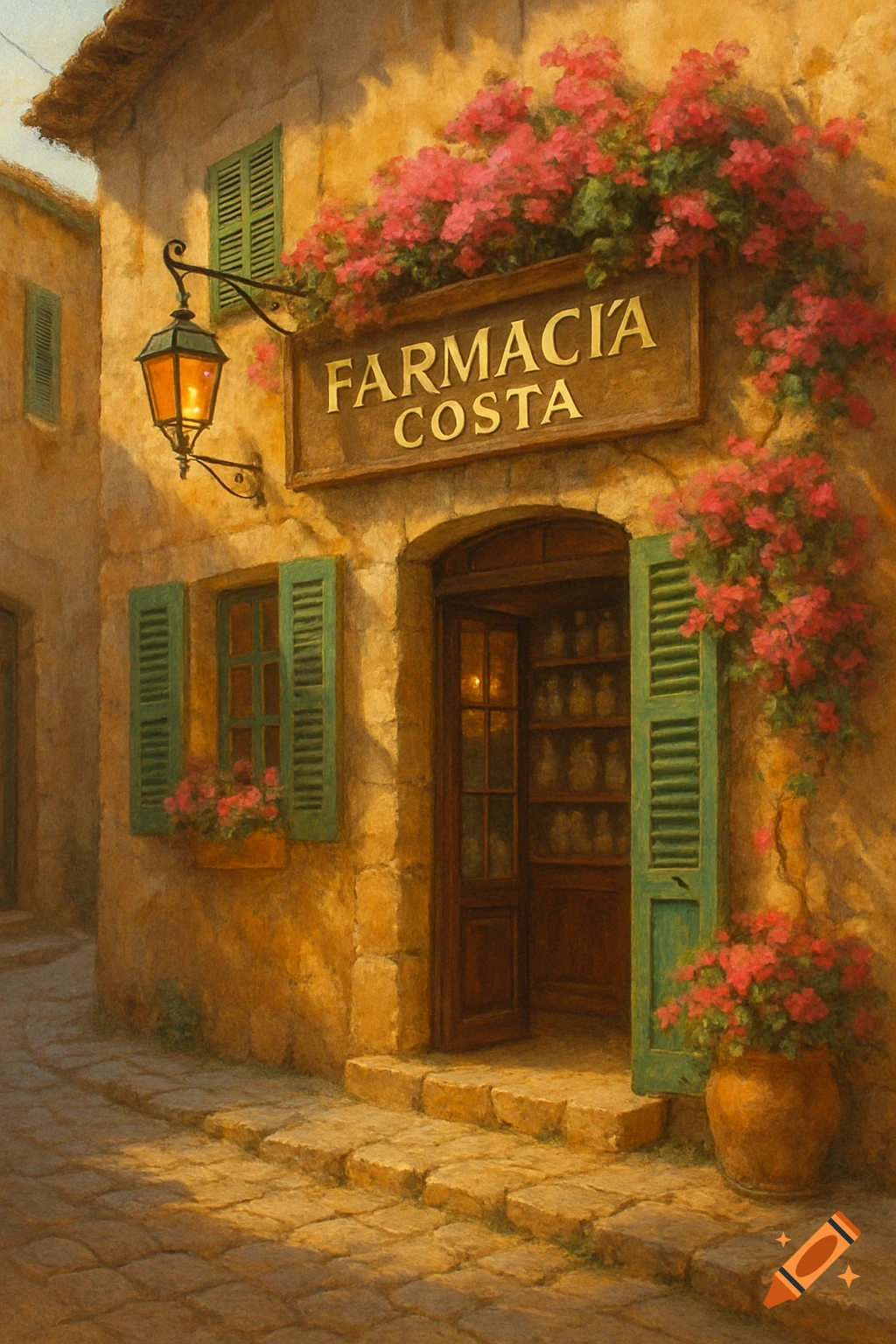 A rustic, painterly depiction of a stone building with green shutters, a lamplit sign reading "FARMACIA COSTA," and vibrant pink bougainvillea.