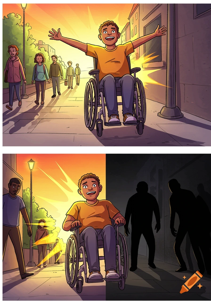 Two-panel comic: Top, a joyful person in a wheelchair on a sunny street; bottom, the same person in light/dark with shadowy figures.