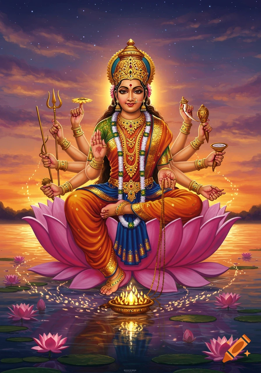 A multi-armed Hindu goddess sits on a pink lotus flower on water, holding various objects, against a vibrant sunset and starry sky.