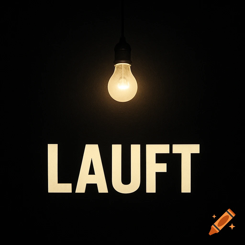 A glowing lightbulb hangs above the illuminated word "LAUFT" against a dark background.