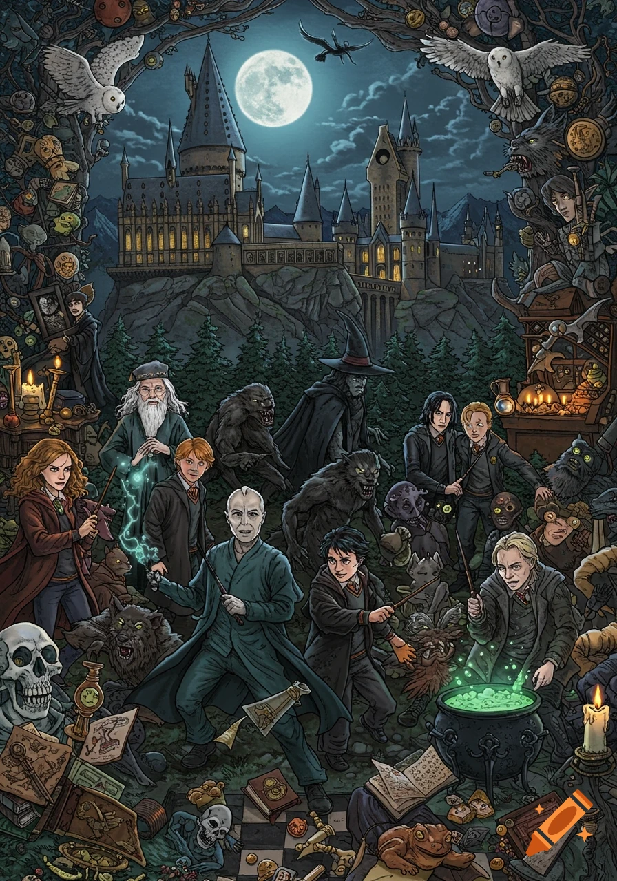 A busy, detailed fantasy illustration featuring Harry Potter characters, magical creatures, and items set against Hogwarts castle under a full moon.