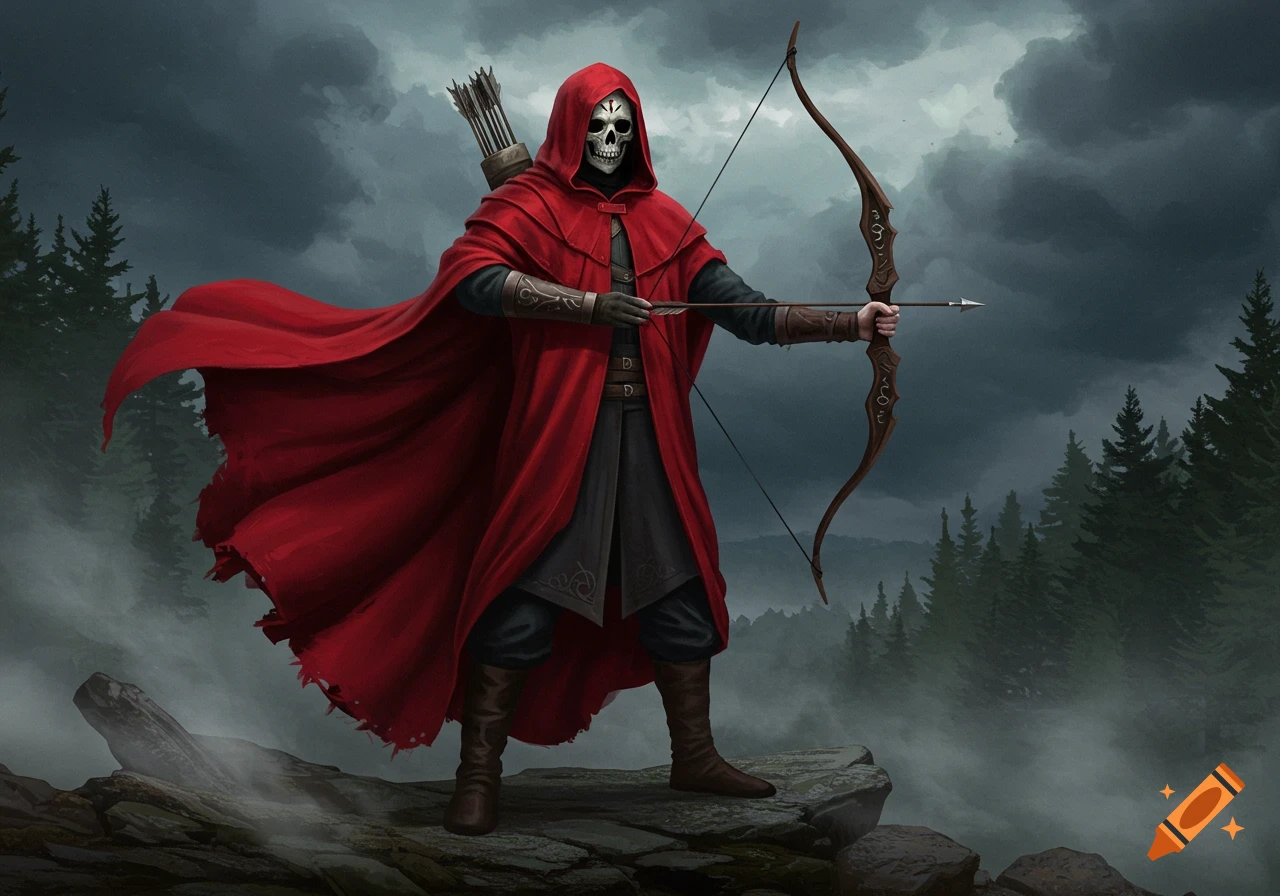 A mysterious archer in a red hooded cloak and skull mask stands with a bow and arrow on a rocky outcrop, overlooking a misty forest under a dark sky.