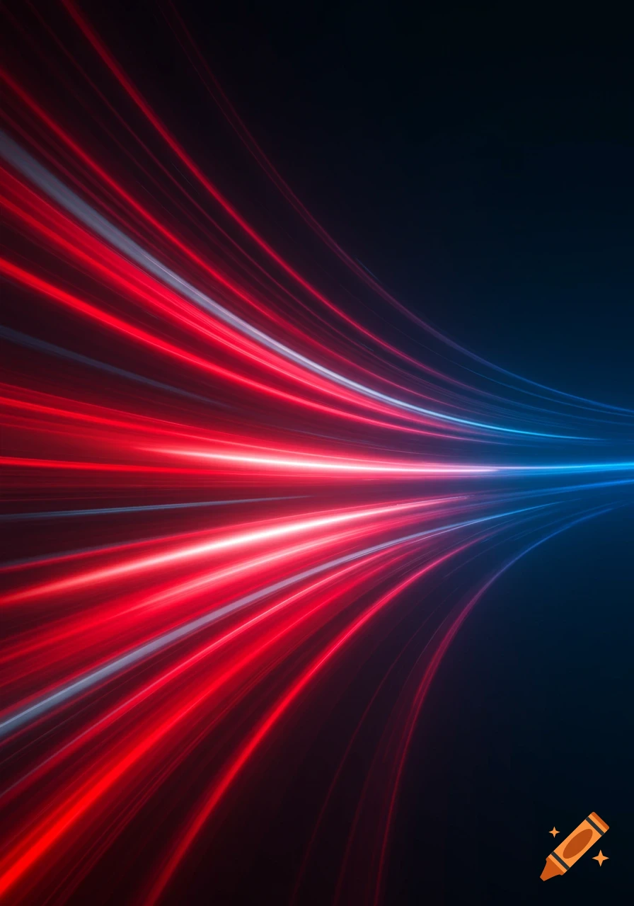 Abstract red and blue light trails streak across a dark background ...