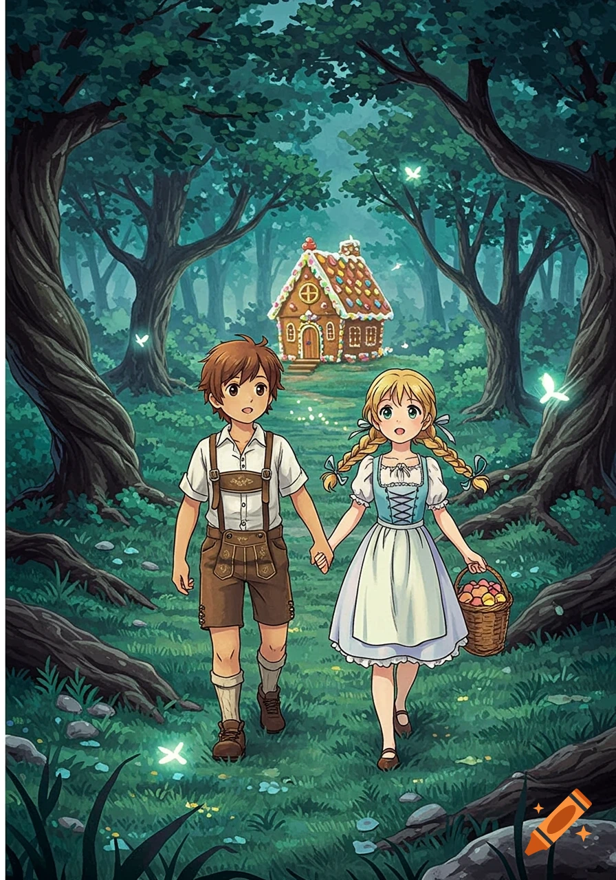 Anime-style boy and girl, dressed as Hansel and Gretel, hold hands walking through a magical forest towards a gingerbread house.