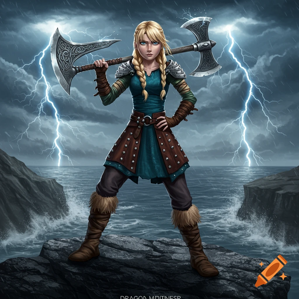A blonde Viking warrior in armor stands on a rocky cliff holding a double axe over her shoulders, with a stormy sea and lightning.