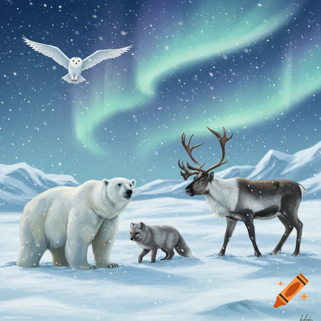 A painted scene of arctic animals " a polar bear, arctic fox, reindeer, and snowy owl ", in a snowy tundra under the Northern Lights.
