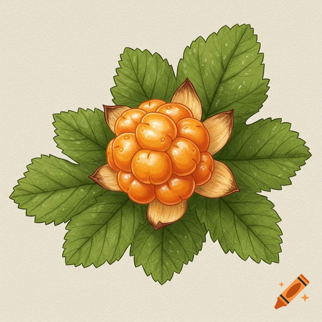 Illustrated cloudberry with green leaves on a light background.