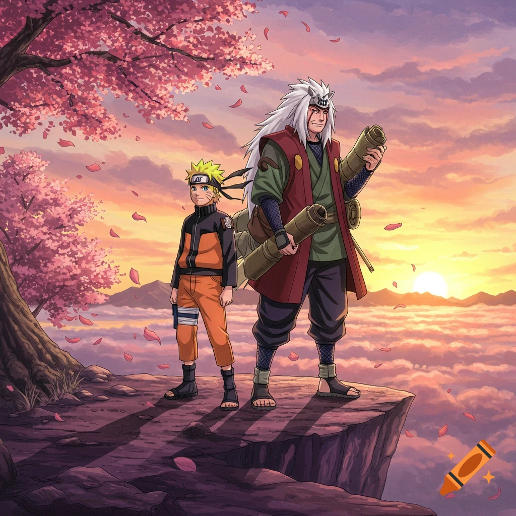 Naruto and Jiraiya stand on a cliff overlooking clouds with a vibrant sunset and cherry blossom tree in an anime style.
