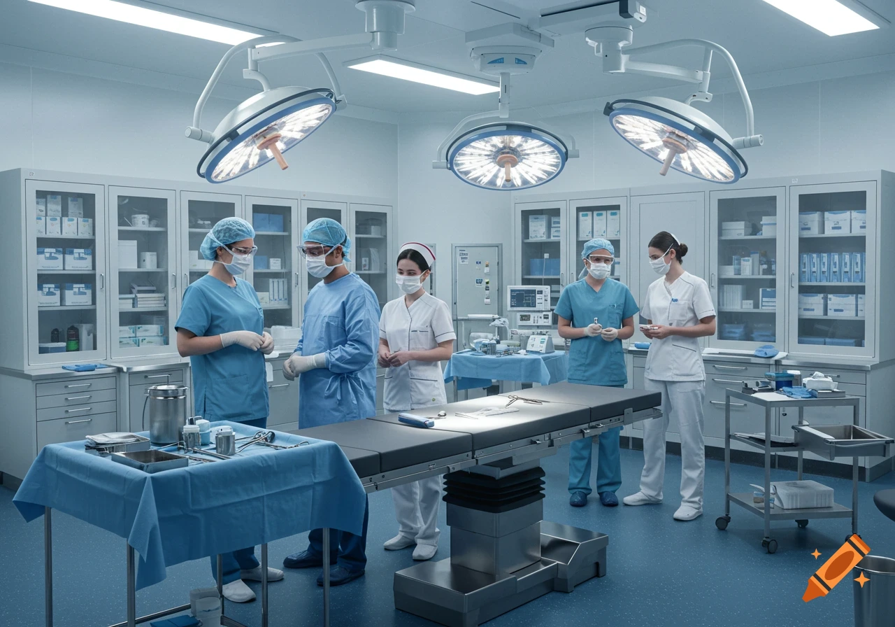 Five medical professionals in an operating room with a surgical table, medical equipment, and storage cabinets. The scene is sterile and brightly lit.