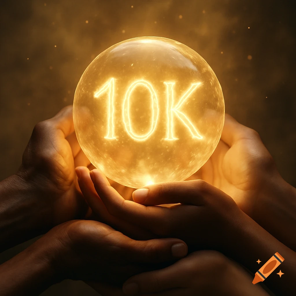 Multiple hands of varying skin tones gently cup a radiant, glowing orb with a prominent '10K' symbol inside, surrounded by golden particles. Photorealistic.
