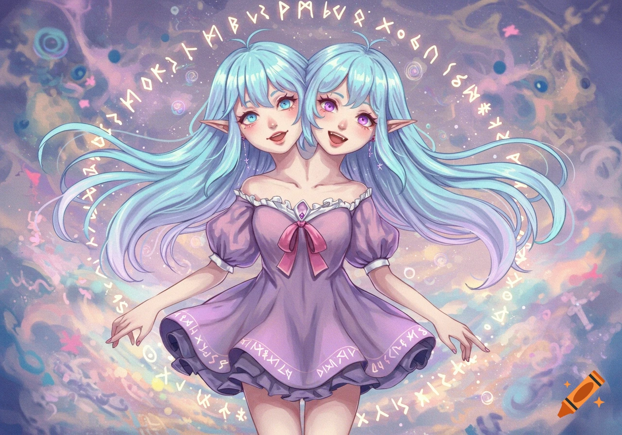 A two-headed anime girl with light blue hair and pointed ears wears a purple dress with glowing runes in a magical, pastel background.