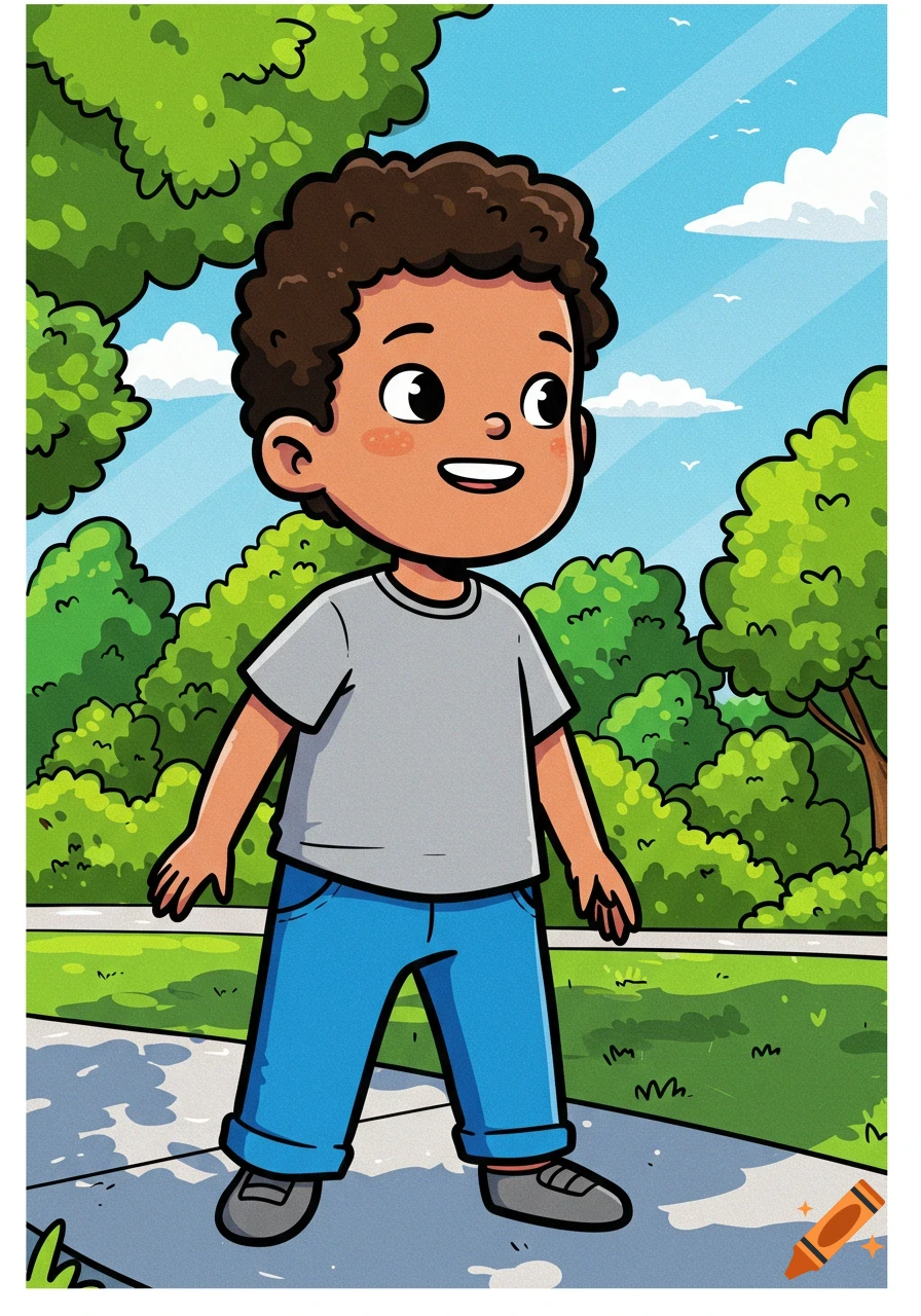 A cartoon boy with dark curly hair, gray t-shirt, and blue pants stands on a path in a park with green trees and a blue sky.