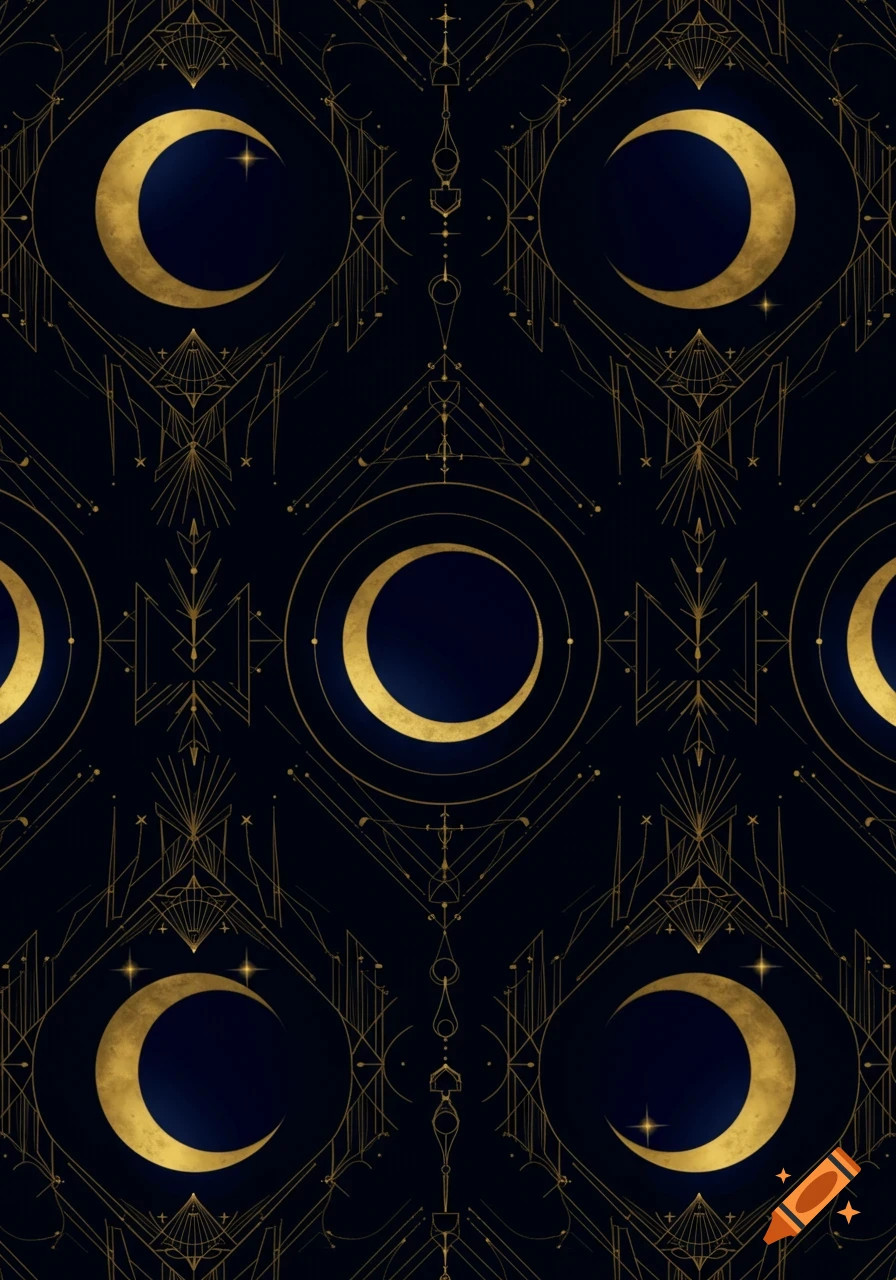 Art Deco pattern with repeating golden crescent moons and geometric designs on a dark blue background.