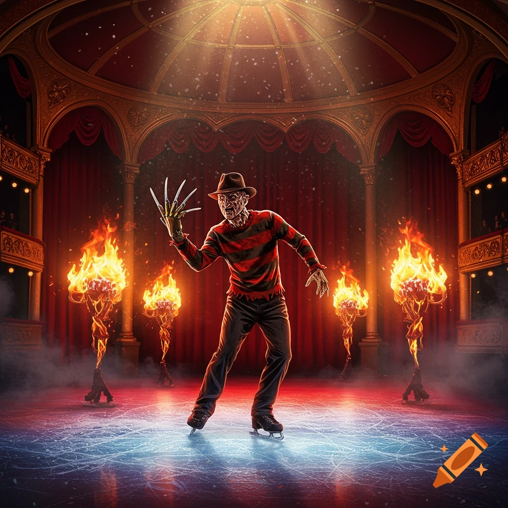 Freddy Krueger on ice skates in a grand theatre, surrounded by flaming torches and an ice rink, under a spotlight.