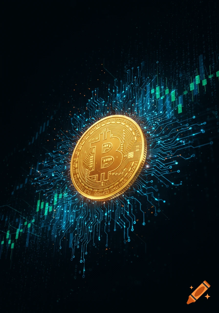 A golden Bitcoin coin surrounded by glowing blue circuit lines, with green financial bar charts on a dark background.