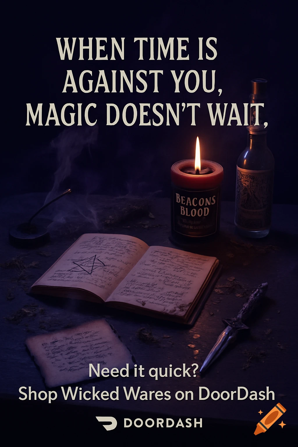 Dark, moody scene with an open grimoire, smoldering incense, herbs, a silver dagger, and a flickering candle labeled "BEACONS BLOOD" on a rustic table. Text reads: "When time is against you, magic doesn't wait. Need it quick? Shop Wicked Wares on DoorDash." with the DoorDash logo.