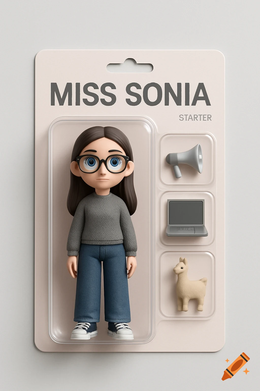 A stylized 3D figurine named Miss Sonia in clear plastic packaging with a megaphone, laptop, and llama accessories.
