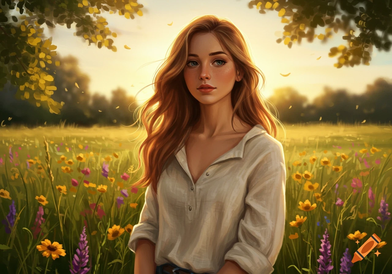 A young woman with long wavy brown hair stands in a vibrant field of ...